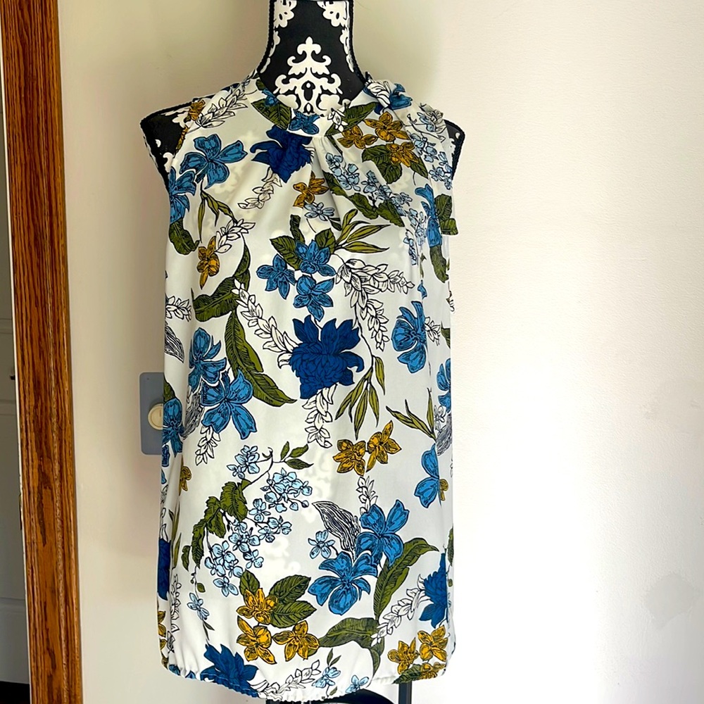 Ann Taylor Sleeveless Floral Blouse - Blue, Green, Gold